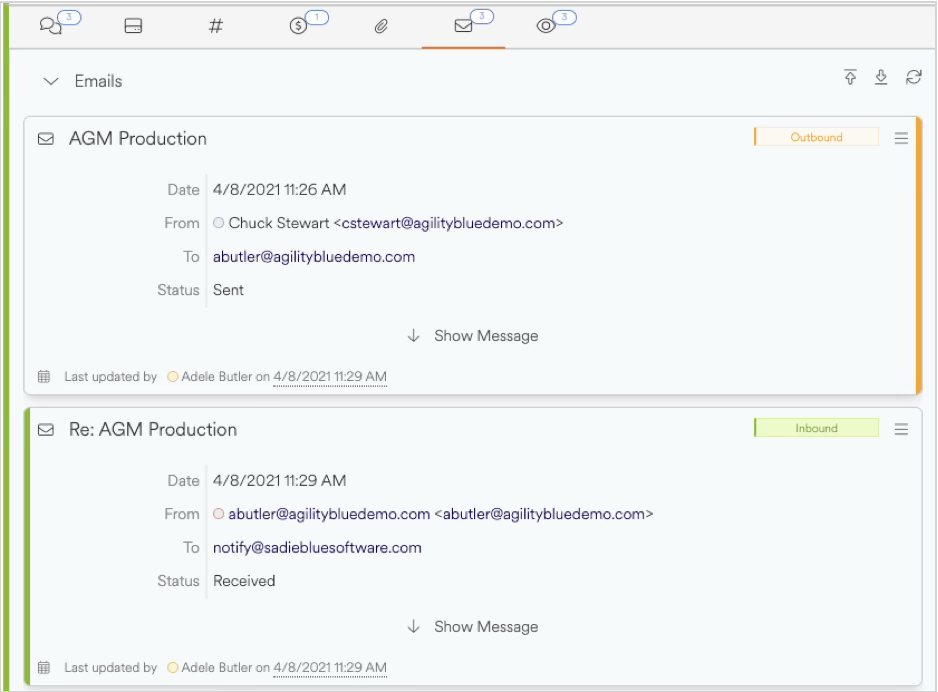 Email correspondence showing sent and received messages regarding AGM Production.